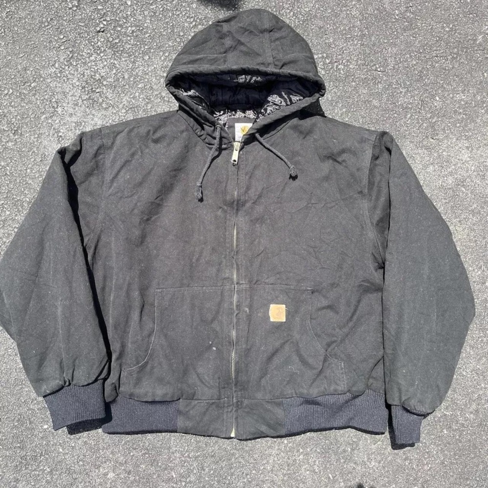 Carhartt Jacket Mens Black Hooded Full Zip Quilted Work Coat J130 Size 2XL